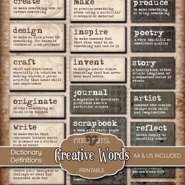 Journal Word Dictionary Definitions, Printable Junk Journal Ephemera, Grunge, Craft Kit Scraps, Vintage, Fussy Cut, Instant Download