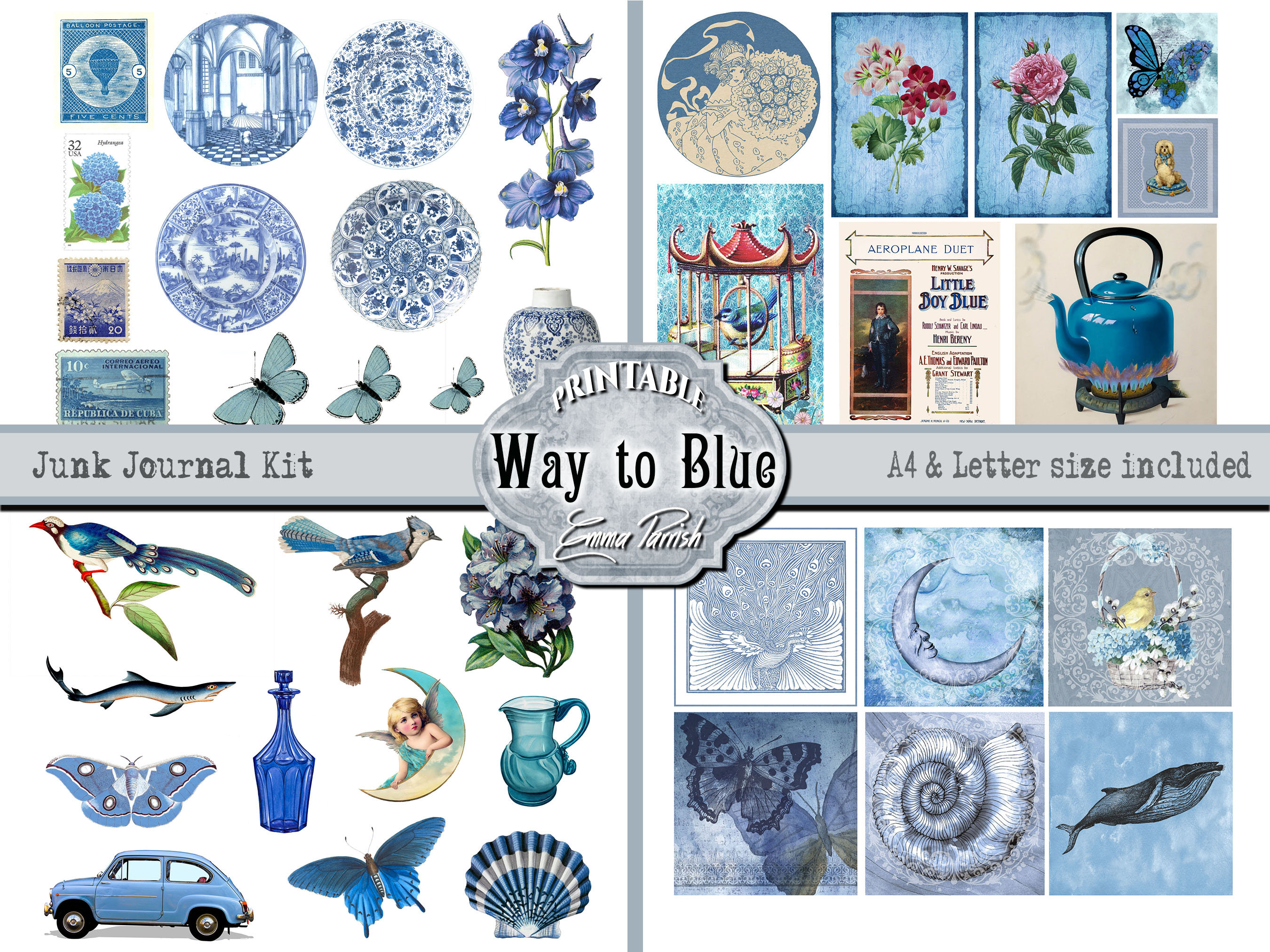 Blue Junk Journal Kit Blue Vintage Printable Pages Blue - Etsy