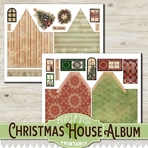 May include: Printable Christmas house album with a red and green color scheme. The album features a variety of images, including a Christmas tree, a wreath, a window, and a door. The album also includes the text "Happy Holidays" and "Emma Parrish".