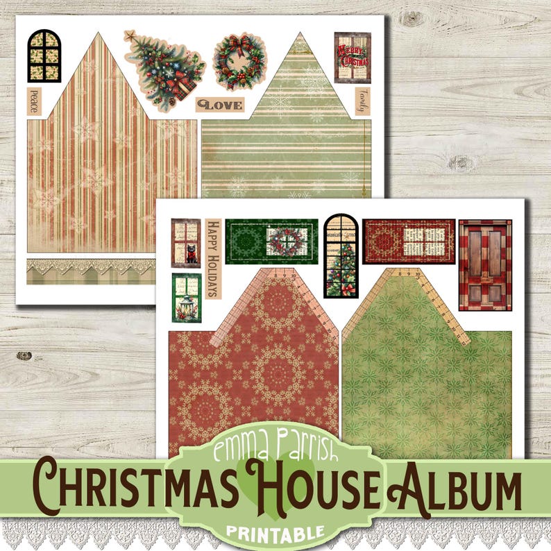May include: Printable Christmas house album with a red and green color scheme. The album features a variety of images, including a Christmas tree, a wreath, a window, and a door. The album also includes the text "Happy Holidays" and "Emma Parrish".