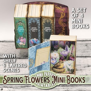 以下が含まれることがあります： 春の花をテーマにしたミニチュアブック4冊セット。本は花柄で飾られており、中には重ねられたシーンがあります。本は「春の草花」と題され、1巻、2巻、3巻とラベル付けされています。本は木製の背景の棚の上に置かれています。