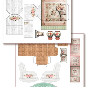 May include: Printable dollhouse suitcase with a white and pink floral theme. The suitcase includes a rocking chair, a couch, a bed, and other furniture. The text "Emma Parrish Dollhouse Suitcase" is printed on the front of the suitcase.