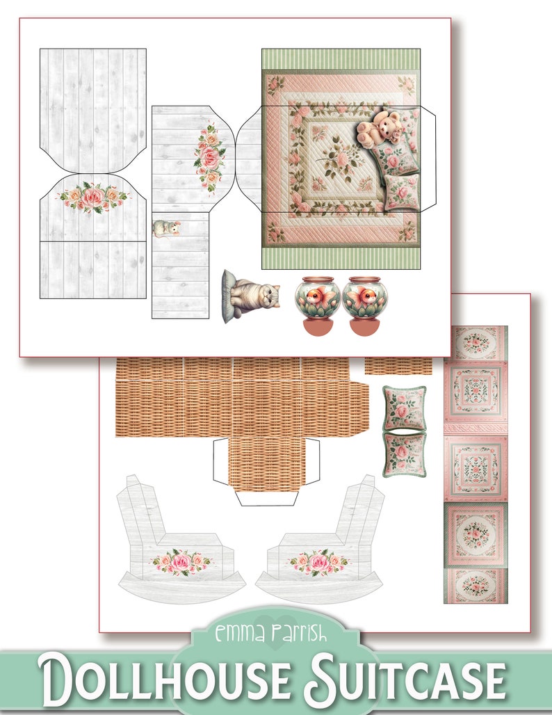 May include: Printable dollhouse suitcase with a white and pink floral theme. The suitcase includes a rocking chair, a couch, a bed, and other furniture. The text "Emma Parrish Dollhouse Suitcase" is printed on the front of the suitcase.