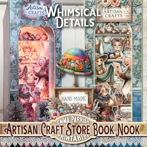 Puede incluir: Un imprimible de rincón de libros de tienda de artesanía caprichosa con el texto "Artisan Crafts" y "Whimsical Details". La imagen presenta un sombrero colorido, ilustraciones de artesanos y las palabras "Hand Made".