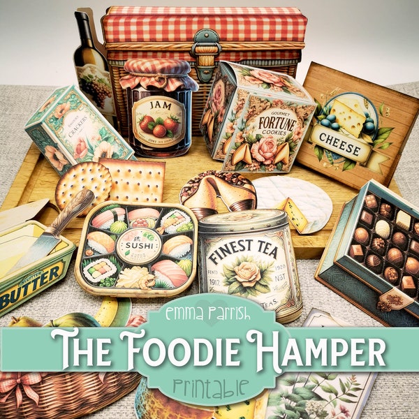 Foodie Hamper Printable Junk Journal Folio, Food Lover, Chocolate, Cheese, Wine, Sushi, 13 Interactive Papercraft Projects, Cardmaking