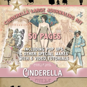May include: A pink and gold printable Cinderella themed journaling kit with 50 pages, pop-ups, and 6 video tutorials. The cover features a silhouette of Cinderella and her stepsisters.