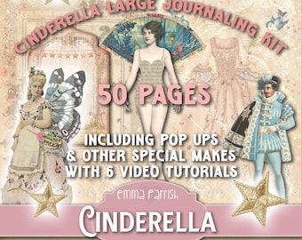 Cinderella Printable Junk Journal Kit, Printable Fairytale Princess, Large Journal Kit, 50 Pages, Tutorials, Pop Up Card, Paper Doll