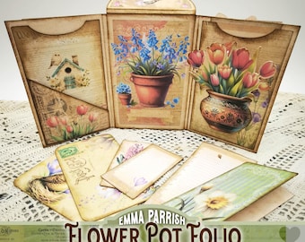 Spring Flower Pot Printable Folio Kit, Mothers Day Gift, Tags & Pockets, Junk Journal, Papercraft, Card Making, Vintage Ephemera, Cricut
