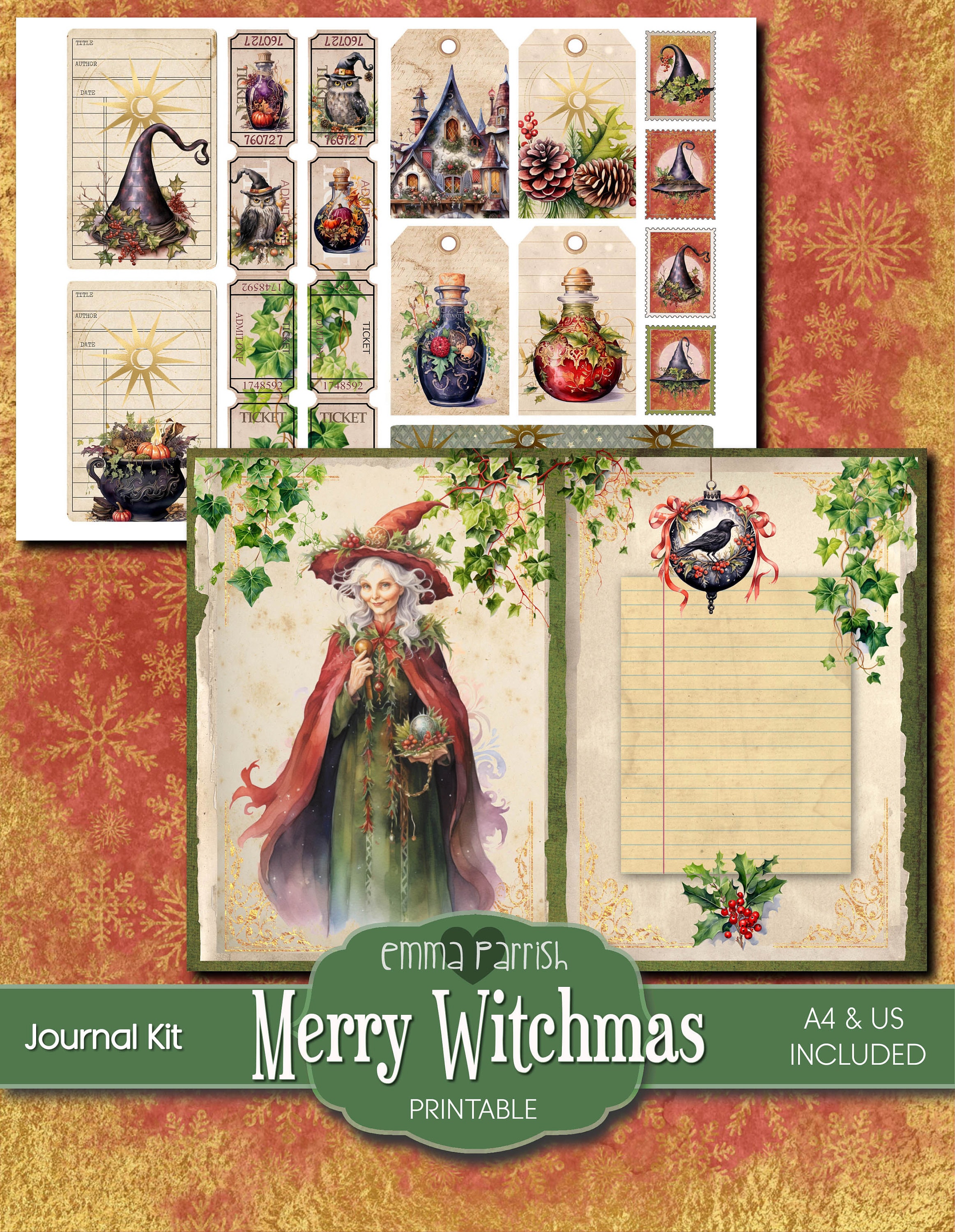 Shadowbook Christmas Witch Junk Journal Kit, Yule Witch, Journal Supplies, Witchy ...