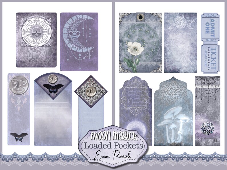 Bolsillos imprimibles vintage de la Luna, complemento para el kit de diario de la Luna, papel gótico imprimible, creación de tarjetas, Folio mágico de la Luna imagen 3
