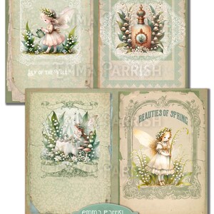 May include: Four vintage-style illustrations featuring a fairy with lily of the valley flowers. The illustrations are in a green and white colour scheme with a delicate lace pattern. The text "Lily of the Valley Fairy" and "Beauties of Spring" are included in the images.