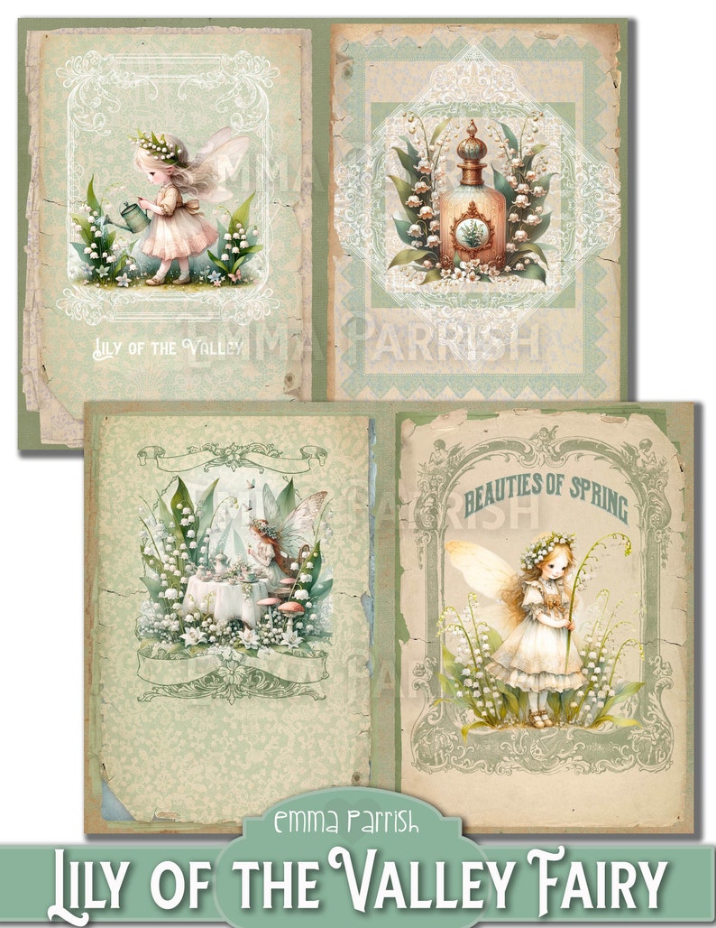 May include: Four vintage-style illustrations featuring a fairy with lily of the valley flowers. The illustrations are in a green and white colour scheme with a delicate lace pattern. The text "Lily of the Valley Fairy" and "Beauties of Spring" are included in the images.