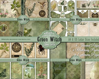 Gothic Green Witch Printable Junk Journal Kit, Wicca, Pagan, Vintage Download, Scrapbook Pages, Grimoire, Shadowbook, Witch Ephemera