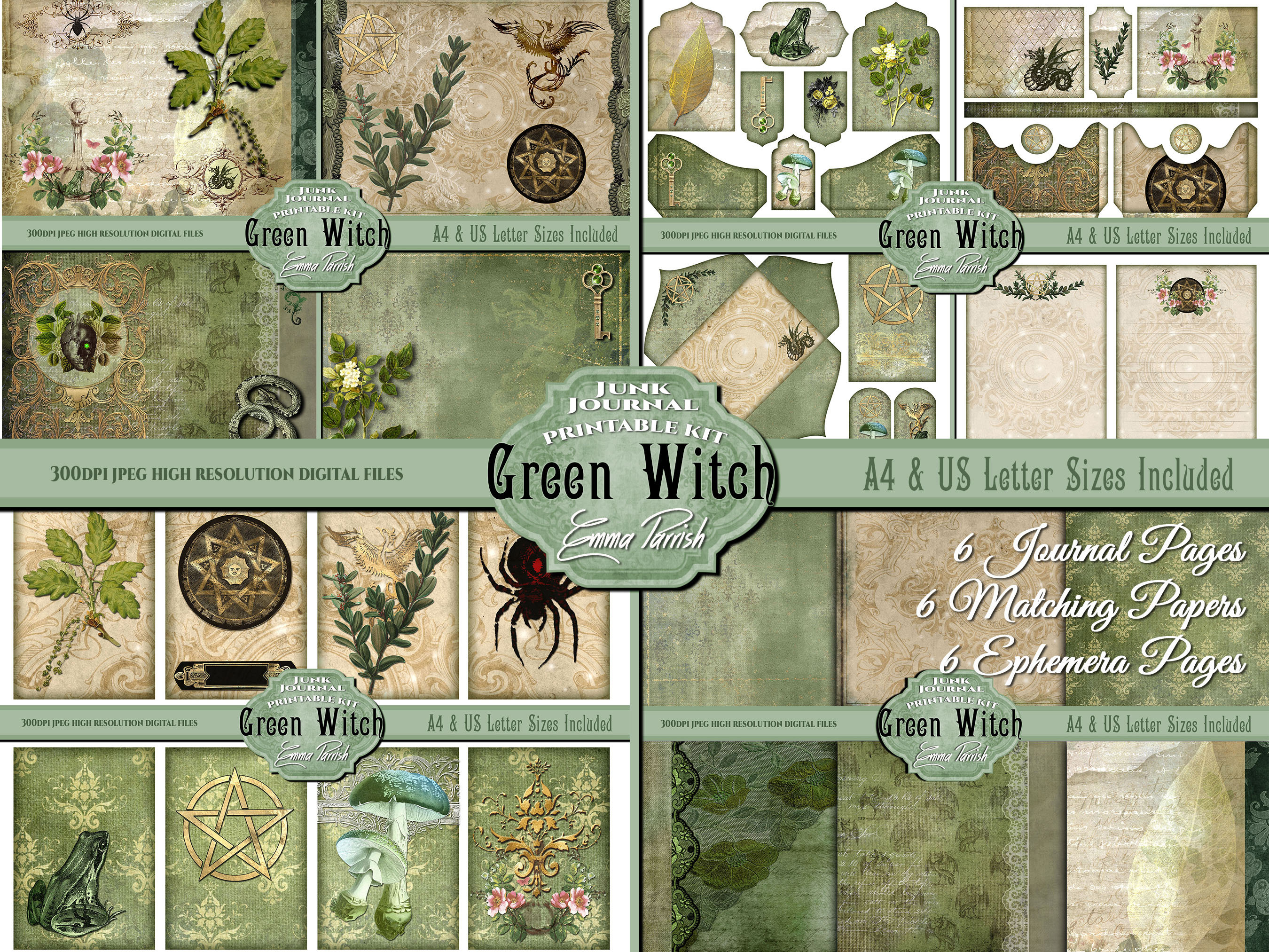 Gothic Green Witch Printable Junk Journal Kit, Wicca, Pagan Gothic Green Witch Printable Junk Journal Kit, Wicca, Pagan