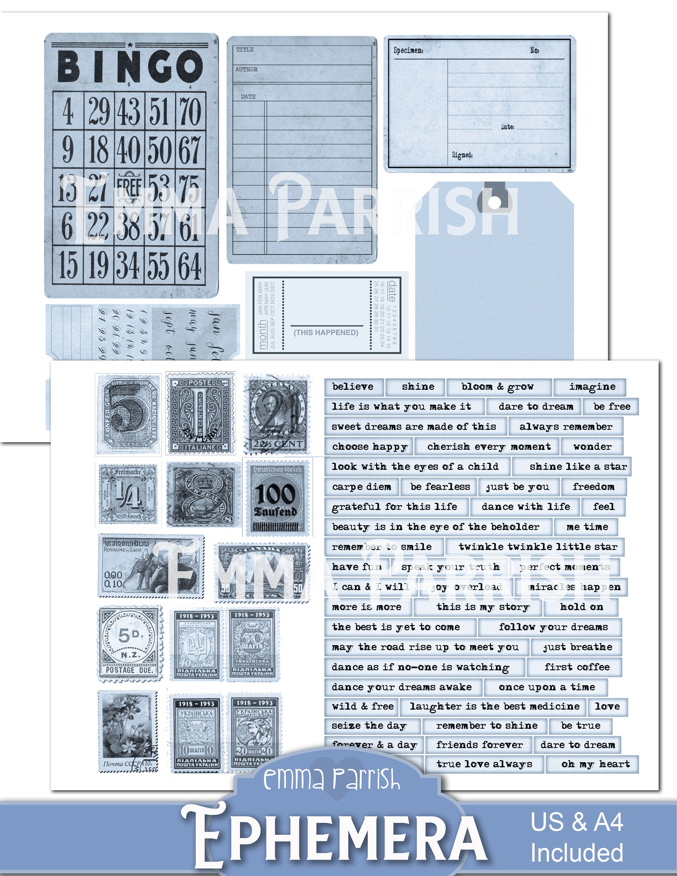 ブルーヴィンテージ印刷可能エフェメラパック、ジャンクジャーナル