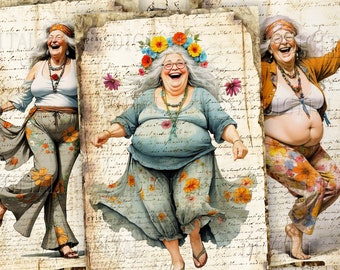 Hippie Old Lady Junk Journal Pages: Funny Women Art (PDF)