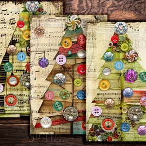 Three digital printable images of Christmas trees made of colorful buttons on a background of vintage sheet music.