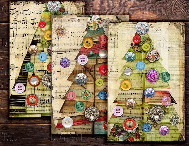 Three digital printable images of Christmas trees made of colorful buttons on a background of vintage sheet music.