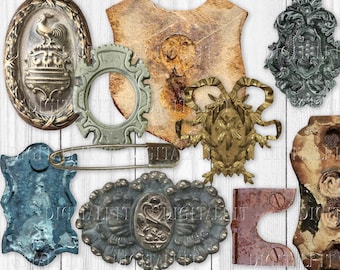 Könnte beinhalten: Eine Sammlung von Vintage-Verzierungen aus Metall und Leder, darunter ein Schild, eine Sicherheitsnadel, ein Dekorationsstück mit Blumenmuster und ein Stück mit einem Käferdesign.