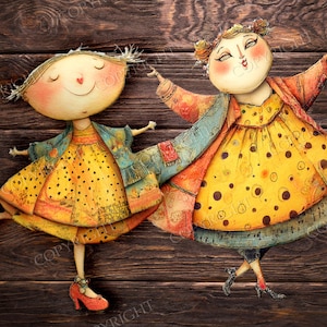 May include: Whimsical illustration of two dancing figures with rosy cheeks and closed eyes. They wear yellow dresses with black polka dots, red shoes, and colorful jackets. The background is a dark wood texture.