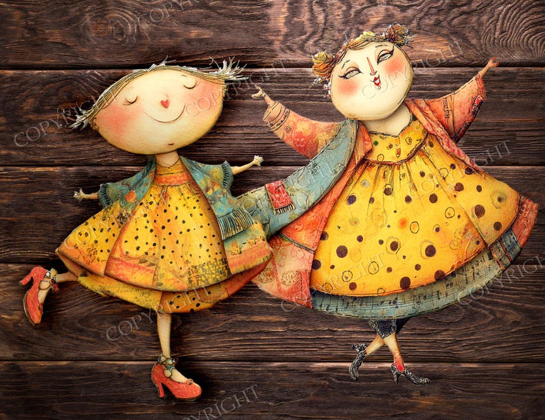 May include: Whimsical illustration of two dancing figures with rosy cheeks and closed eyes. They wear yellow dresses with black polka dots, red shoes, and colorful jackets. The background is a dark wood texture.