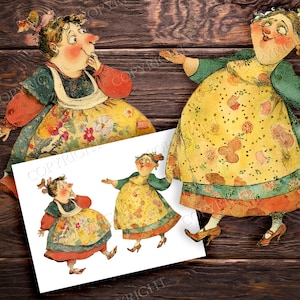 May include: Vintage-style paper cutouts of two women in colorful dresses and aprons, set against a dark wood background. One woman is touching her chin, while the other has her arms outstretched. A smaller print shows the same figures.