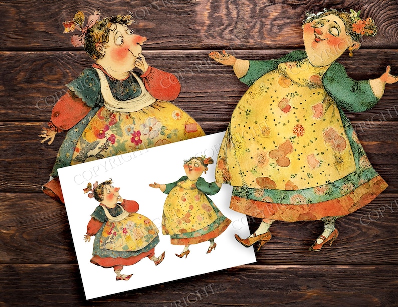 May include: Vintage-style paper cutouts of two women in colorful dresses and aprons, set against a dark wood background. One woman is touching her chin, while the other has her arms outstretched. A smaller print shows the same figures.