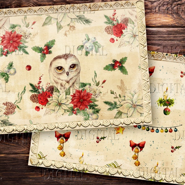 Christmas Fox, Owl, Floral Backgrounds, 8 Junk Journal Pages, Instant Download, PDF