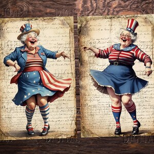Puede incluir: Dos mujeres bailando con atuendos patri&oacute;ticos rojo, blanco y azul. Ambas sonr&iacute;en y tienen una expresi&oacute;n festiva en sus rostros. El fondo es un papel de estilo vintage con texto escrito a mano.