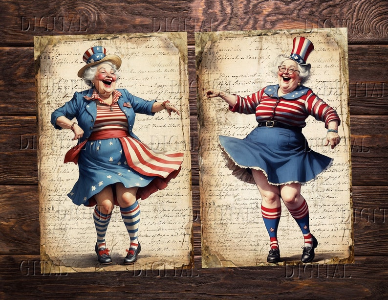 Puede incluir: Dos mujeres bailando con atuendos patri&oacute;ticos rojo, blanco y azul. Ambas sonr&iacute;en y tienen una expresi&oacute;n festiva en sus rostros. El fondo es un papel de estilo vintage con texto escrito a mano.