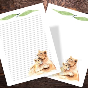 Lion , Baby Lion, Printable Digital Paper,  2 Pages, Instant Download, Lined Writing Paper, 8.5x11, PDF, JPG