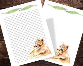 Lion , Baby Lion, Printable Digital Paper,  2 Pages, Instant Download, Lined Writing Paper, 8.5x11, PDF, JPG