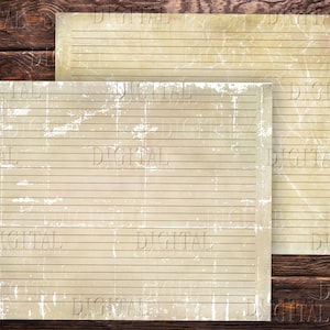 May include: Two sheets of lined paper with a distressed, aged look. The paper is a light beige color with brown lines. The paper has a worn, vintage aesthetic.