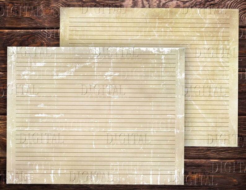 May include: Two sheets of lined paper with a distressed, aged look. The paper is a light beige color with brown lines. The paper has a worn, vintage aesthetic.