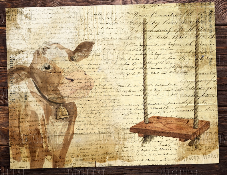 K&ouml;nnte beinhalten: Eine Vintage-Illustration einer Kuh mit einer Glocke um den Hals vor einem Hintergrund aus altem, handschriftlichem Text und einer Schaukel aus Seil.