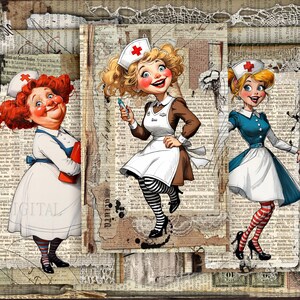 Vintage medical collage printable with funny nurses, doctor characters, old book pages, and mixed media junk journal background. DigitalFit Etsy Store: https://www.etsy.com/shop/DigitalFit