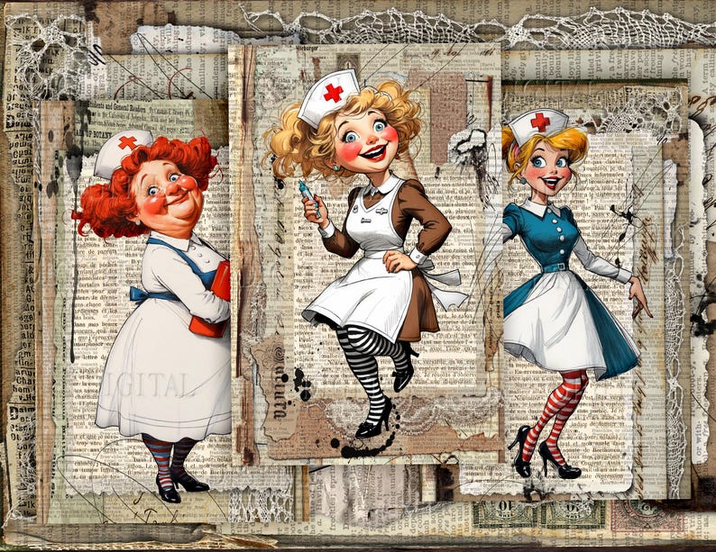 Vintage medical collage printable with funny nurses, doctor characters, old book pages, and mixed media junk journal background. DigitalFit Etsy Store: https://www.etsy.com/shop/DigitalFit