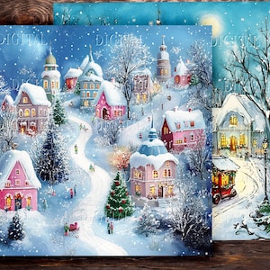 Village de Noël enneigé, 18 fichiers JPG aquarelles pour le journal indésirable, papier de scrapbooking scène de Noël en plein air, usage commercial
