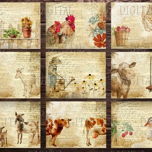 K&ouml;nnte beinhalten: Eine digitale Collage mit Farmtieren, Blumen und anderen rustikalen Elementen auf einem Vintage-Hintergrund. Die Collage enth&auml;lt einen Hahn, eine Ziege, eine Kuh, eine Ente, einen Korb mit &Auml;pfeln und eine Schaukel.