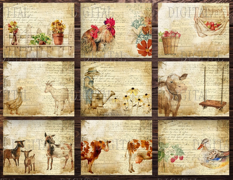 K&ouml;nnte beinhalten: Eine digitale Collage mit Farmtieren, Blumen und anderen rustikalen Elementen auf einem Vintage-Hintergrund. Die Collage enth&auml;lt einen Hahn, eine Ziege, eine Kuh, eine Ente, einen Korb mit &Auml;pfeln und eine Schaukel.