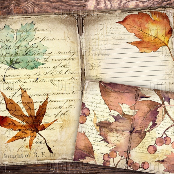 Fall Leaves Junk Journal,  19 Autumn Maple Leaves Pages,  Fall Leaves Digital Paper, PDF