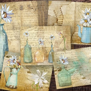 May include: A digital collage of vintage-style images featuring various blue and green vases and pitchers with white flowers. The background is a distressed, aged paper with handwritten text.