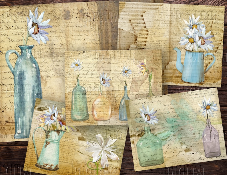 May include: A digital collage of vintage-style images featuring various blue and green vases and pitchers with white flowers. The background is a distressed, aged paper with handwritten text.