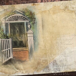 Peut inclure: Une illustration vintage d'une maison avec une porte en bois et un portail. L'image est d&eacute;lav&eacute;e et a un fond textur&eacute;.