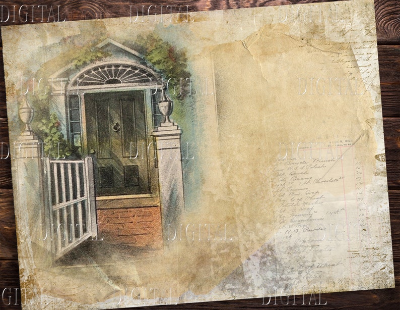 Peut inclure: Une illustration vintage d'une maison avec une porte en bois et un portail. L'image est d&eacute;lav&eacute;e et a un fond textur&eacute;.