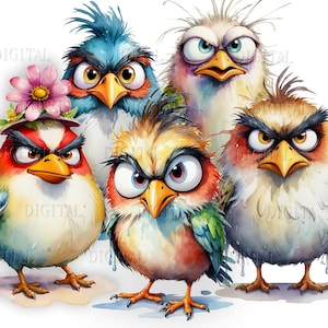 May include: Five cartoon birds with angry expressions. The birds are painted in a watercolor style with bright colors. One bird is wearing a pink flower hat.