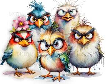 Watercolor Grumpy Birds PNG: Quirky Floral Clipart (Digital Download)