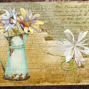 May include: A vintage, teal blue watering can with rust accents sits on a background of old, faded paper with handwritten text.  The can is filled with a bouquet of watercolor flowers, including a white flower with a green stem, a purple flower, and a yellow flower.