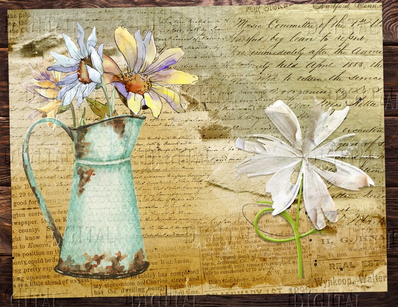 May include: A vintage, teal blue watering can with rust accents sits on a background of old, faded paper with handwritten text.  The can is filled with a bouquet of watercolor flowers, including a white flower with a green stem, a purple flower, and a yellow flower.