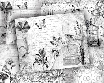 Black White Paper, Ink Saver Printable Stamp Pages,  Grunge Botanical Script Journal, Bird Cages, PDF